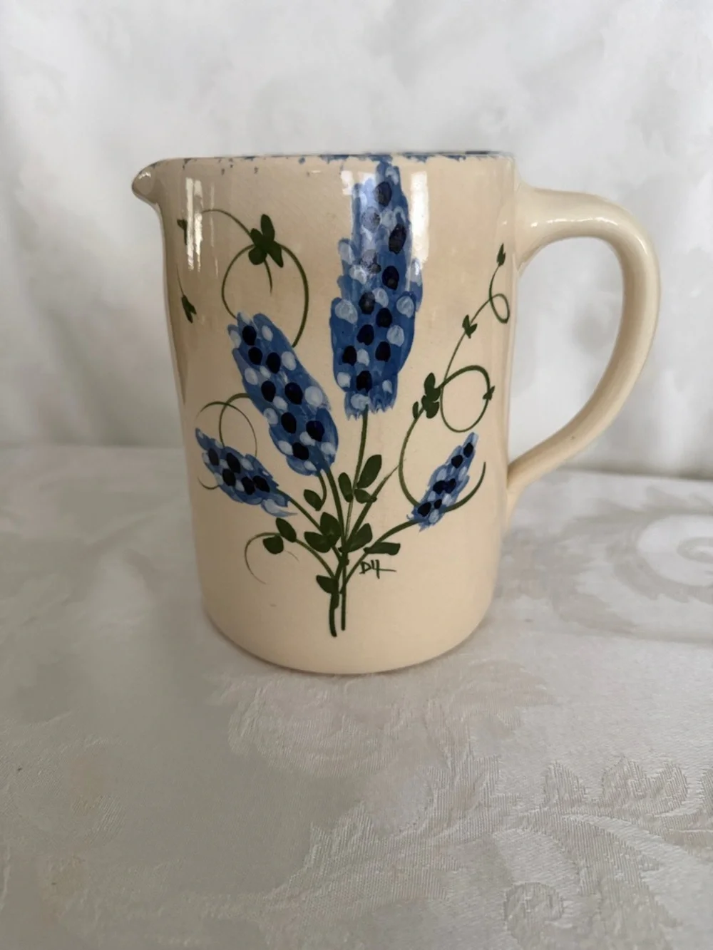 Cow Creek Pottery Pitcher, Hand-Made & Painted Bluebonnets, Vintage, 6.5” x 4.5” - Picture 2 of 10